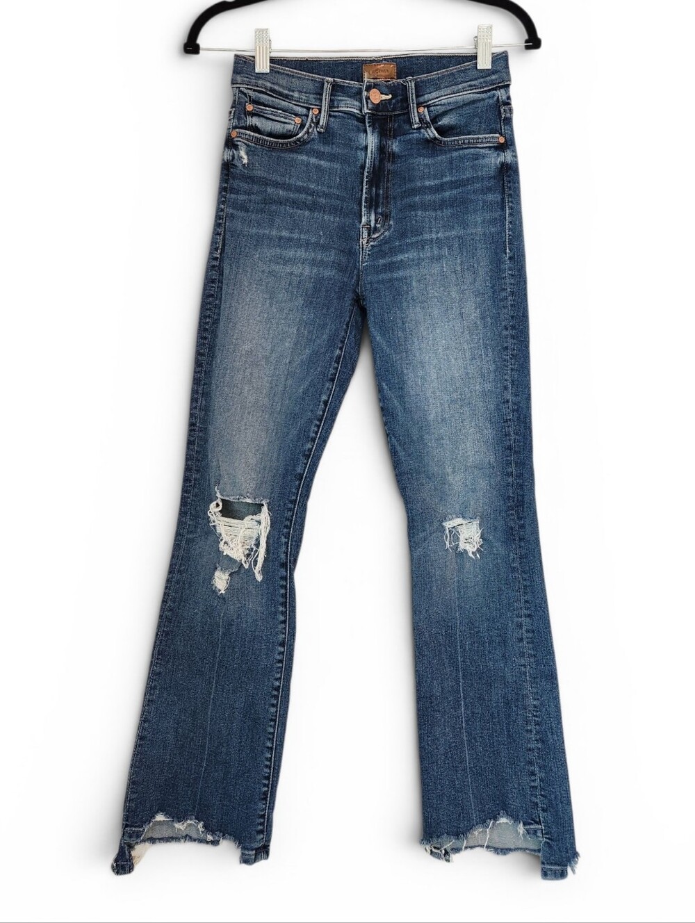 MOTHER The Insider Crop Step Chew Distressed Medium Blue Flare Jeans Size 26